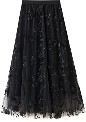SotRong Jupe plissée en tulle et mousseline de soie pour femme Taille haute et trapèze avec décoration florale, b-noir, taille unique