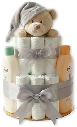 Tarta de Pañales | Pastel de Pañales Unisex | Regalo Original para Recién Nacido | Regalo para Bebé | Modelo Nenuco Doudou Gris - MyLittleBabies