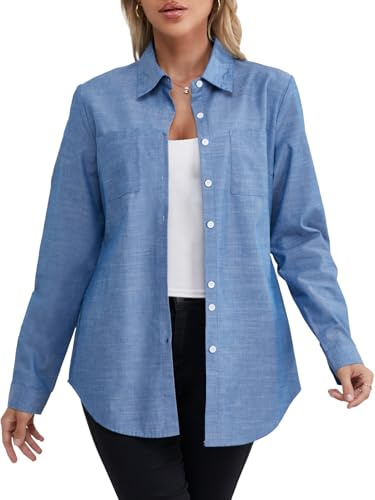 Fuinloth Dam långärmad skjorta knapp ner blus jeans bomull V-ringad T-shirt eleganta toppar Blå 34-36