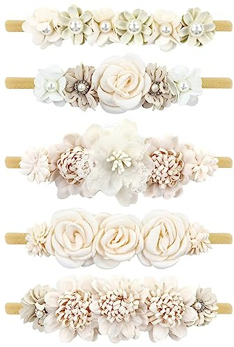 Cinaci 5 diademas súper elásticas y suaves para bebé y niña, de nailon, con flores, con perlas, flores, diademas, diademas, diademas, accesorios para el pelo para recién nacidos, bebés, niñas y niños