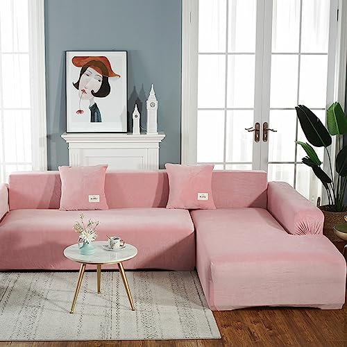 JunJiale Couchbezug in L-Form, segmentierter Sofabezug, 1-teilig, weicher Stretch-Sofa-Schonbezug, 4-Sitzer-Möbelschutz, Couch-Schonbezug (Rosa)