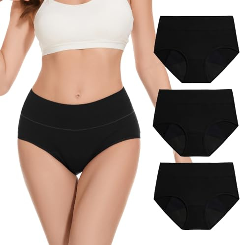 Molasus Washable Incontinence Pants for Women High Absorbency Period Underwear Ladies Menstrual Leakproof Cotton Knickers Postpartum Protective Briefs Black Plus Size Multipack