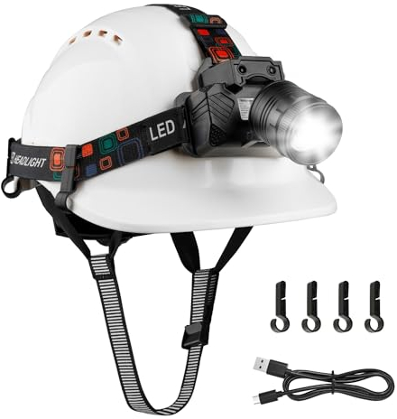 Mustbau Casque de Sécurité EN397, Casque avec LED Lampe Frontale avec Détecteur de Geste, 10W Lampe Super Lumineuse Convient pour Chantiers, Travail de Nuit, Pêche (Blanc)