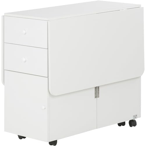 HOMCOM Mesa de Comedor Plegable Mesa Abatible para Cocina con 1 Armario 2 Cajones 6 Ruedas y Alas Abatibles Estilo Moderno Carga 60 kg 120x80x75 cm Blanco