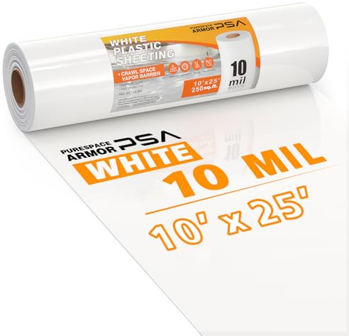 Crawl Space Vapor Barrier, 10mil Film, 10'x25', White Plastic Sheeting - Thick Plastic Sheeting, Heavy Duty Polyethylene Film, Drop Cloth Vapor Barrier Covering for Crawl Space, Garden, Basement