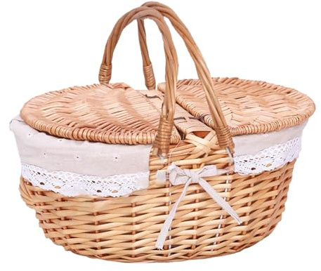 MISNODE Panier de Pique-Nique en Osier, Panier de Pique-Nique avec Poignées Pliables, Panier de Pâques tissé à la Main, Panier D'œufs de Pâques et de Bonbons, Paniers de (A)