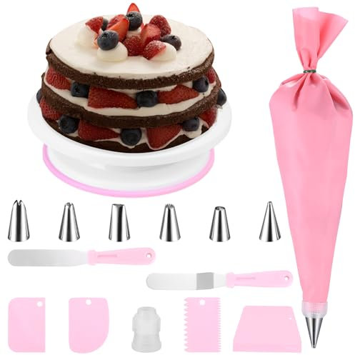 14 Torten Zubehör Set, Tortenplatte Drehbar, Torten Drehteller Tortenplatte, Tortenständer Tortenset, Tortendrehteller, Drehbarer Kuchen Drehteller, mit Cake Spritztüllen Spritzbeutel, Kuchenschaber