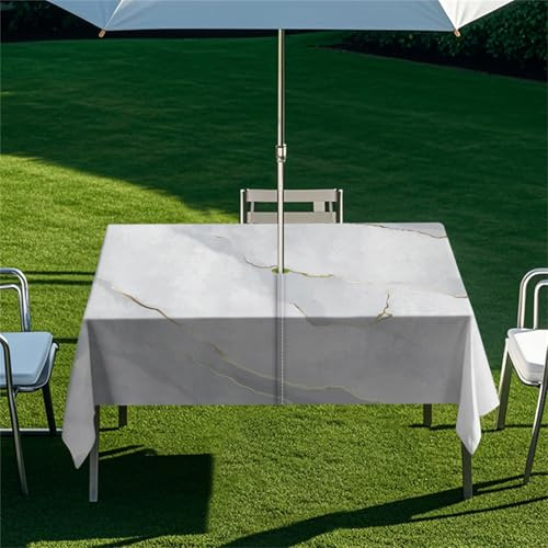 Highdi Rectangle Tablecloth with Parasol Hole, Outdoor Garden Tablecloth with Umbrella Hole Waterproof Non-Slip Tablecloth with Zipper Protector (Modern Marble 3,213x152cm)
