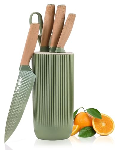 Chef Knife Set with Block, 6-Piece Kitchen Knives Set with Sharp Blades, Professional Knife Set with Ergonomic Handle, Non-Stick Stainless Steel Knife Block Set (Green)