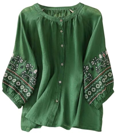 Chemisier paysanne rétro bohème en lin pour femme - Style bohème brodé - Graphique floral - Tunique hippie à volants pour femmes âgées - Style décontracté - En gaze d'été - Dentelle occidentale, Vert,