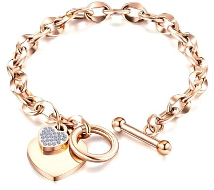 MGJ™ Crystal Heart Charm Toggle Bracelet for Women - Hypoallergenic Silver/Rose Gold Jewellery Gift for Her (Rose Gold)