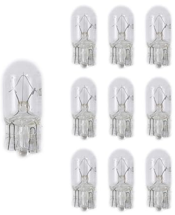Flaconi 10PCS Lampadine Zoccolo Vetro Auto,12V 5W Instrument Bulbs Sostituzione,Lampadine Alogene,T10 Interno ed Esterno,Ideali per Luci Posizione,Adatto per la Luce del Freno,Marcia Diurna,Coda