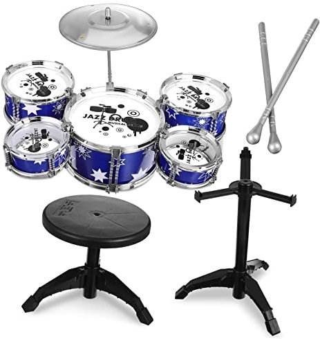 Kisangel Batterie De Jazz pour Garçon Et Filles Débutants 21 Pouces Bleue Tabouret, Ensemble D’Instruments De Percussion Éducatifs pour Tout-Petits, Présent Musical, Apprentissage Rythmique Complet