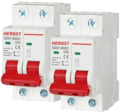 Herbst 2 Stück Pv Sicherungsautomat, DC 1000V 63A 2 Polig DZ47-C63 DC Trennschalter Pv Anlage, Solar Leitungsschutzschalter Schutzluftschalter Schutzschalter für Photovoltaik-Systeme