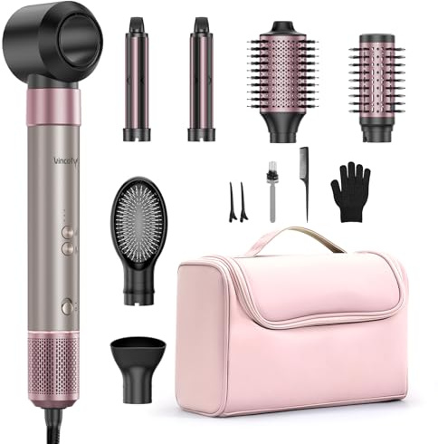 Vincofy 7-in-1 Hair Dryer Brush Blow Dryer, Hot Air Brush Styler with Travel Bag– Fast Drying, Curling, Straightening & Volumizing – 1500W High-Speed Motor 110,000 RPM – All Hair Types – Pink