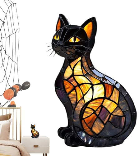 Katt Bordslampa – Resin 17x10x10cm | Vintage Färgat Glas Lampa | LED Belysning Med Katt Tema För Sovrum, Vardagsrum Och Present
