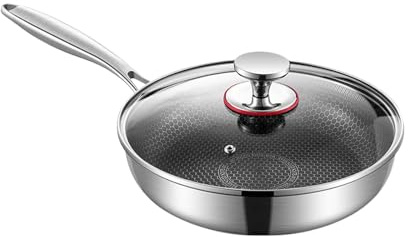 Diuyzoc Sartén de acero inoxidable woks, característica, 1 pieza, sartén antiadherente, de salteado, diseño resistente a los arañazos con tapa, para cocinar preparación de cocción preparaci