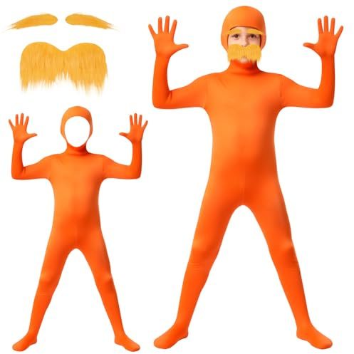BSBUY Barn orange jumpsuit kostym pojkar öppet ansikte bodysuit smygande kostym osynlighet mantel gul mustasch och ögonbryn en del bodysuit försvinnande outfit för maskeradfest bakgrund (140)