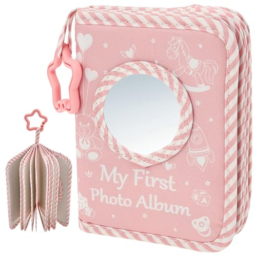 Sesaver Baby Photo Album Soft Book My First Photo Book with Mirror, Toddler Family Memory Books Baby Photos Album Holds 17 6x4 Pictures, Keepsake Gifts for Family Newborn Babies Shower (Pink)