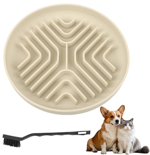 Slow Feeder Hundenapf 20 cm, Rutschfester Antischlingnapf Hunde, Anti Schling Napf Hund, Silikon Feeder gegen zu schnelles Fressen, für Hunde/Katzen/Welpen, mit Reinigungsbürste (Hellbeige)