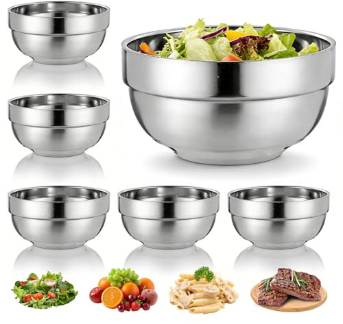 Set di 6 ciotole in acciaio inox da 13 cm, ciotole in acciaio inox, facili da infrangibili, a doppio strato, anti-calde, per cucina, campeggio, attività all'aperto