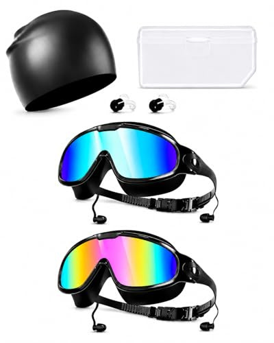 TorsuupTittan Swimming Goggles for Adults 2 Pack with Swim Cap, Anti Fog UV Protection, 180° Wide View Panoramic Lens, Leakproof Comfort Fit Adult Swim Goggles for Men Women with Ear Plugs & Case