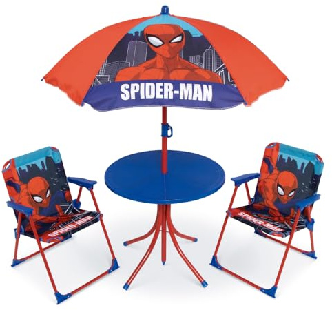 Set Giardino Bambini Spiderman Marvel con 2 Sedie Tavolino e Ombrellone Tavolo Mare Pieghevole Supereroe Sedie 35x38x52 cm Portata 30 kg Età 3+