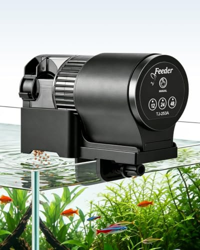 FEDOUR Automatisk foderdispenser för fisk, 110 ml stor kapacitet, automatisk utfodrare för akvarium med timer, fiskmatare för akvarier med/utan lock, för pulver, pelletar, flingor och pinnar