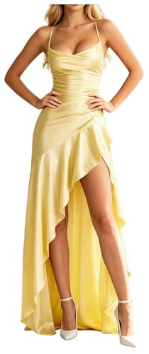 Générique Robe de Femmes Longue Satinée Col Drappé Bretelles Fines - Robe de Soirée Asymétrique avec Jupe Volantée et Fente Haute - Robes Sensuelle pour Mariage Cocktail Gala