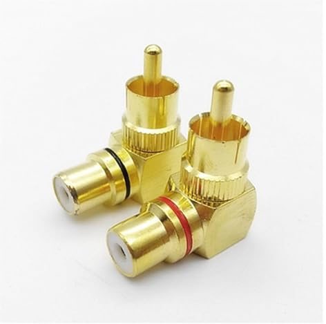 Yvxotrxnk 2 st 90 graders RCA hane till hona guldpläterad adapter, höger vinkel mässing kontakt för subwoofer förstärkare ljudvideo (röd + svart)