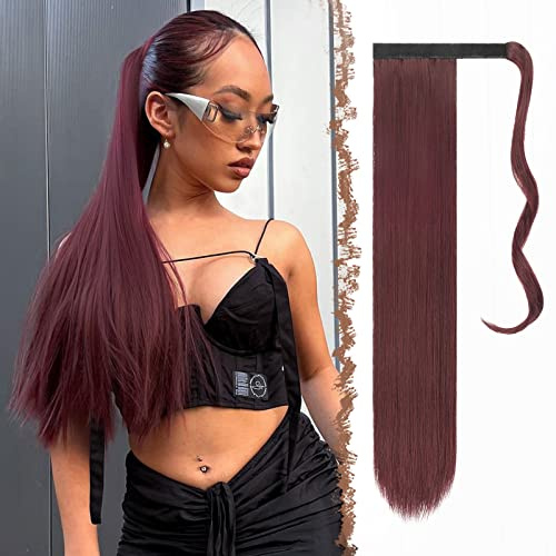 FESHFEN Posticci per capelli Extension Coda Di Cavallo Capelli Wine vino Lunga Estensione Capelli Sintetici Coda Capelli Extensions per Donna 60cm, 125g