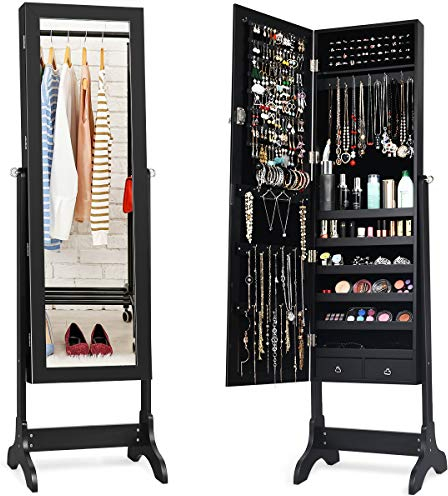 COSTWAY Armoire à Bijoux sur Pied avec Miroir Pivotante à 4 Niveaux Armoire de Rangement Bijoux avec 8 Étagères Doublées pour Bagues Boucles d'Oreilles Bracelets (Noir)