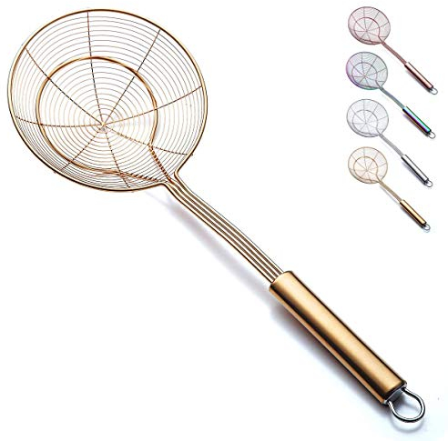 Gold Strainer Spider Skimmers for Kitchen,Kyraton Stainless Steel Titanium Gold Plating Slotted Spoon Pasta Strainers Tomato Food Strainer Skimmer Ladle for Kitchen Cooking and Frying Food