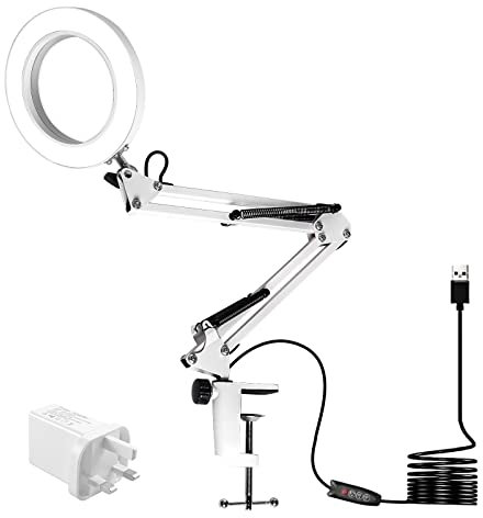 LED Magnifying Lamp,Adjustable 5X Magnifier Desk Lamp with 3 Colors 4.13 Diameter Glass USB Magnifying Lamp with Adjustable Swivel Arm for Reading/Office/Workbench. (White)