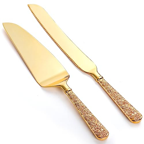 Dicunoy Gold Tortenheber, Hochzeits Tortenmesser und Server Set,Gold-Kuchen-Servierset, Vintage gravierter Tortenschneider und Servierspatel für Geburtstag, Party, Jubiläum