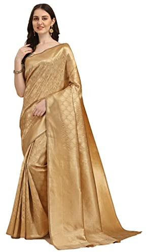 Jaanvi fashion Mujer Kerala Banarasi Seda con Zari Jacquard Trabajo Sari con parte de blusa sin dobladillo, Oro oscuro., Talla única