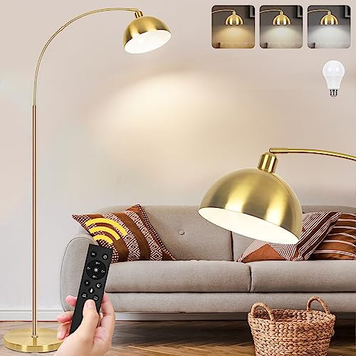 VenzBlomia Lámparas de pie de arco mejoradas para sala de estar, lámpara alta dorada regulable continua con control remoto y temperatura de color bombilla LED de 9 W, lámpara de pie de lectura