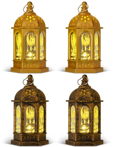 Ramadan-lyktor, lampor, 4 st i guld- och brons, dekorationslyktor för ramadan, eid mubarak, dekorationslampor, hängande mini-slott, LED-lykta för bord, hem, trädgård, muslimsk islamisk festival
