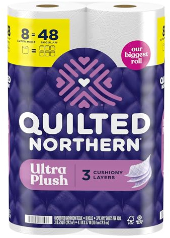 Quilted Northern Ultra Plush Toilet Paper, 8 Super Mega Rolls = 48 Regular Rolls, 3X Thicker*, 3 Ply Soft Toilet Tissue