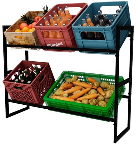 HUSFITLY 2 Etagen Getränkekistenregal für 6 Kisten, Getränkeregal aus Metall, Kistenregal Kistenständer Wasserkistenregal Bierkistenregal, 104x32x82cm, Schwarz