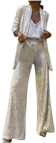 Conjunto de traje brillante para mujer, conjunto de 2 piezas con lentejuelas brillantes de Reino Unido, blazer de manga larga y pantalones de cintura alta, elegante conjunto de fiesta de noche, beige