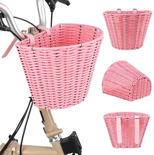 Panier de vélo en osier pour homme et femme - Panier de rangement en rotin imperméable - Avec sangles en cuir - S'adapte à la plupart des vélos - Rose