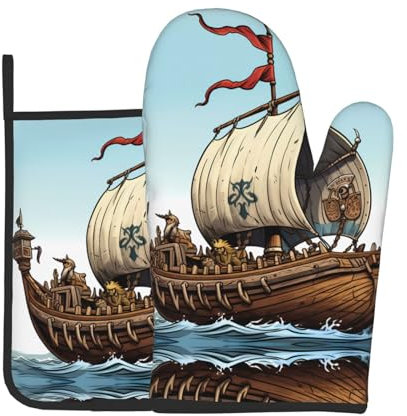 YYHWHJDE Cartoon Old Viking Boat Picture Oven Mitts and Pot Holders Sets of 2 Kitchen Baking Used to Open Pot lids in The Kitchen and to Carry Dishes from Microwave ovens