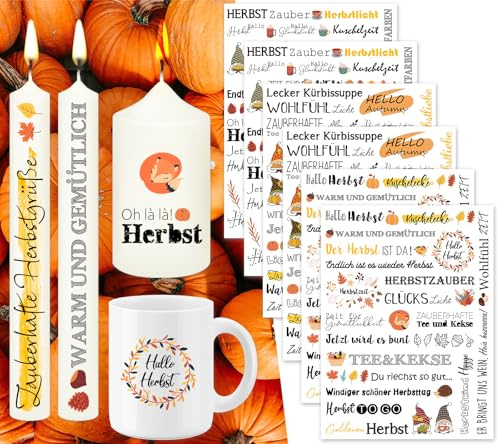 Tixlux Pack of 6 Candle Tattoos, Water Transfer Printing (200+ Patterns), Waterslide Film Candles, Candle Stickers, Decorating Candles, Memorial Light, Comfort Candle, Birthday Candle (Autumn)