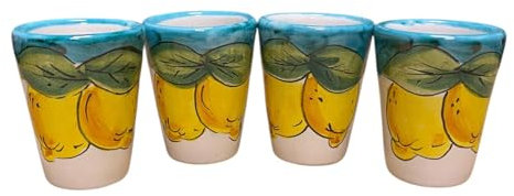 La Maison Unique: Set of 4 Limoncello Glasses in Vietri Ceramic Traditional Amalfi Coastal Decoration Hand Painted Decoration Lemons Green Background Ramine 1212241901