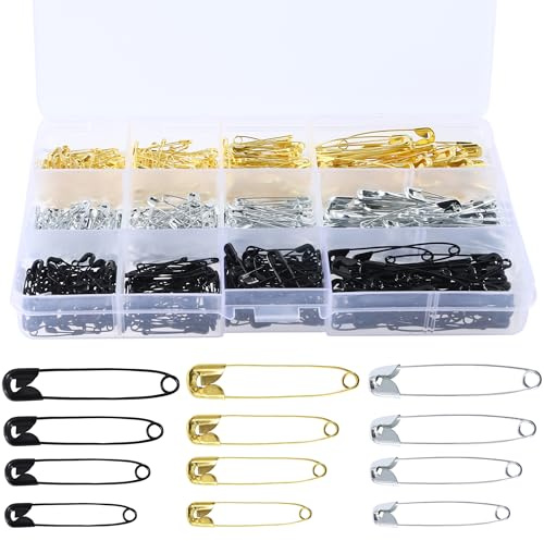 540 Spille di Sicurezza Spille da Balia Oro/Argento/Nero [4 Dimensioni 19-38 mm] – Kit Multiuso con Portaspille – Per Pannolini Neonati, Cucito e DIY Resistente allo Sbiadimento
