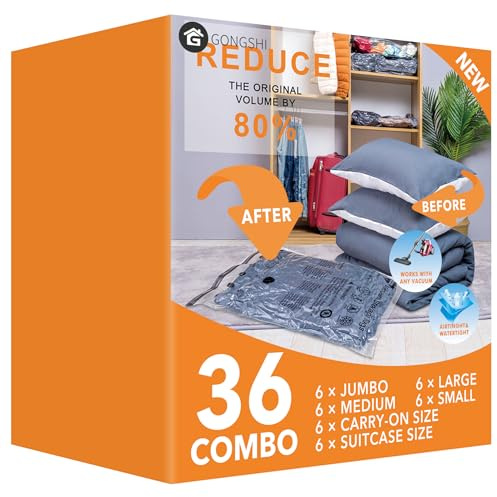 GONGSHI Vacuum Storage Bags, Space Saver Seal Bags For Clothing, Blankets, Comforters, Pillows, Clothes Storage,Travel Luggage.36 Combo