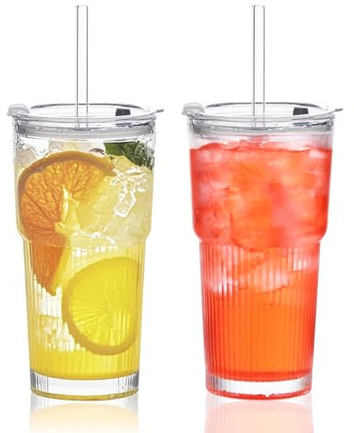 VITEVER 20 oz Ribbed Glass Tumbler with Straw and Lid, 2 Pack 530ml Iced Coffee Cups, Ripple Design Glass Latte Cups for Coffee, Soda, Smoothies, Cocktails, Juice Maccha, and Cold Beverages