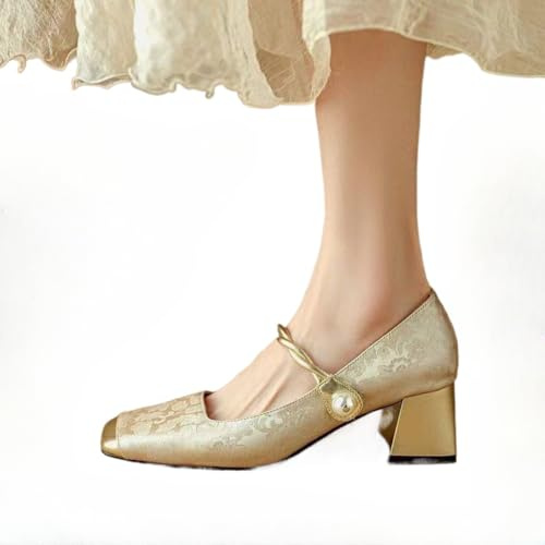 Zapatos de noche Mary Jane de primavera y verano con tacón medio grueso y tacón bajo con punta cuadrada zapatos de vestir clásicos para mujer (Champán,40)