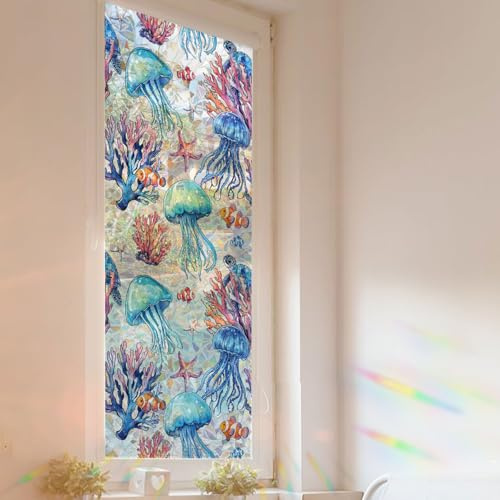 BOXOB Stained Glass Window Film, Ocean Style Decorative Windows Privacy Film 3D Glass Clings Holographic Colorful Window Stickers Easy Apply Reusable for Home Room Office Decor